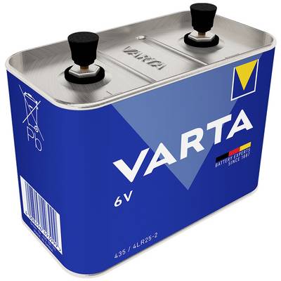 Bateria w niebieskiej obudowie z dwoma czarnymi zaciskami, marki 'VARTA', 6V, z symbolami recyklingu i produktu.