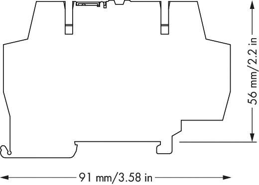 Rysunek techniczny obudowy z wymiarami: szerokość 91 mm (3,58 cala), wysokość 56 mm (2,2 cala).