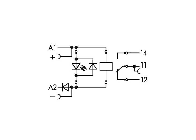 Schemat prostownika z dwoma diodami, diodą LED i kondensatorem. Przyłącza: A1 (+), A2 (-), 14, 11, 12.