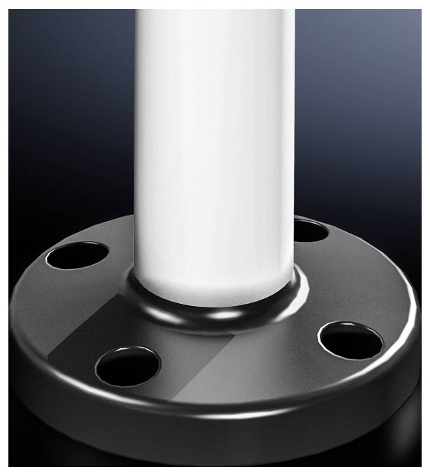 Biała rura wpasowana w czarną, okrągłą metalową podstawę z czterema otworami.