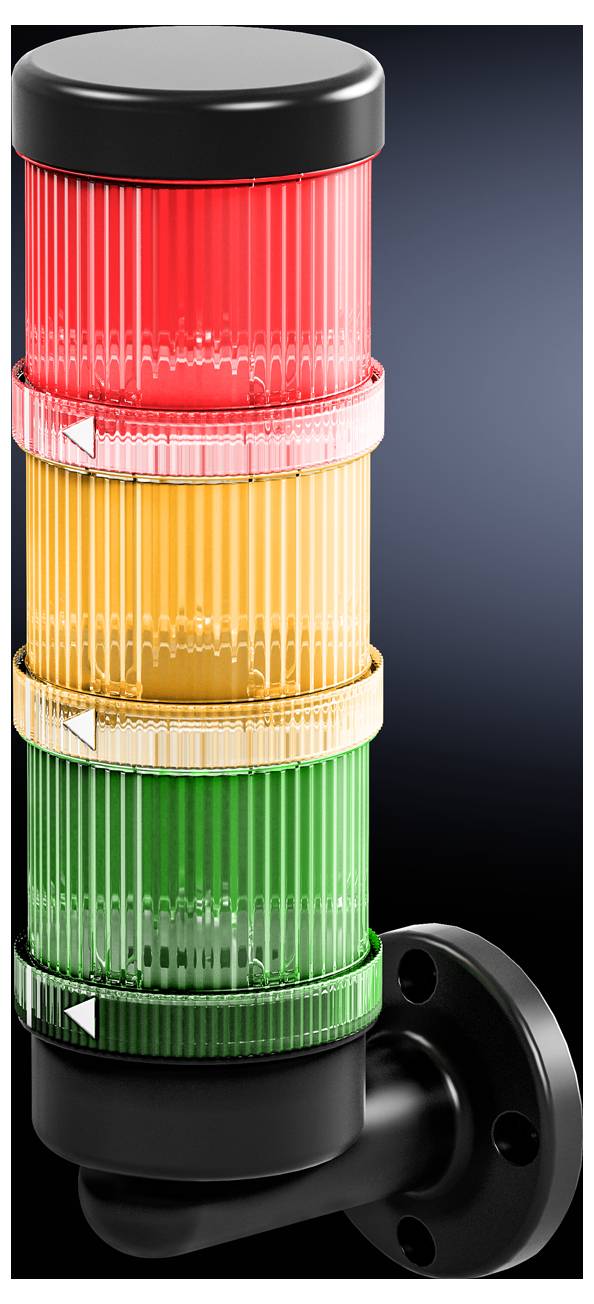Wielostopniowa sygnalizacja świetlna z trzema poziomami kolorów: czerwona u góry, żółta pośrodku i zielona na dole, wskazująca stany pracy.