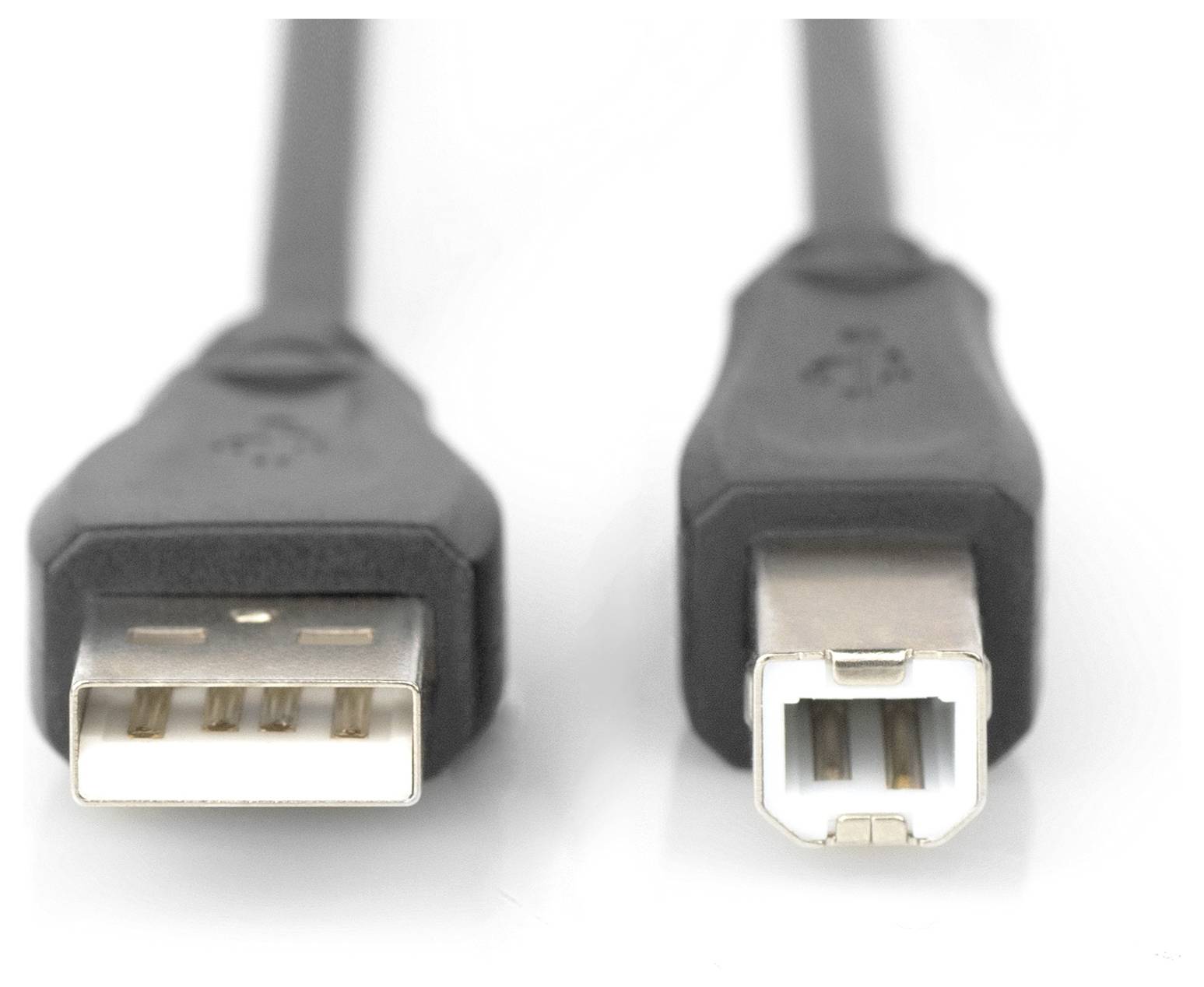 Dwa wtyczki kabli USB o różnych kształtach: po lewej prostokątne złącze USB-A, po prawej kwadratowe złącze USB-B.