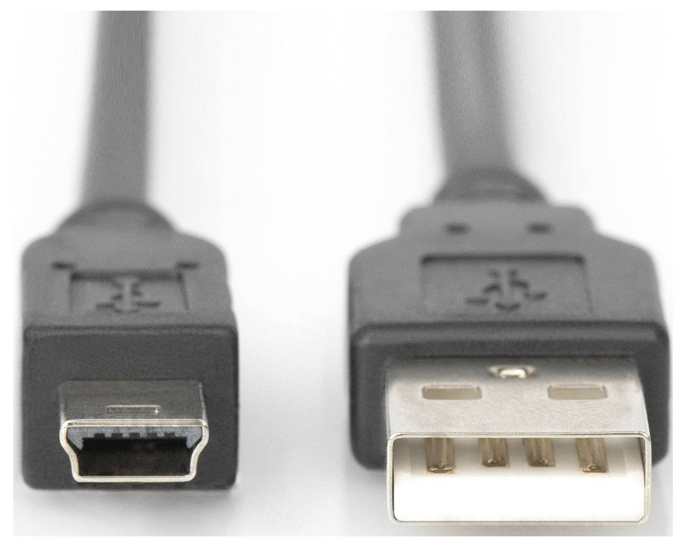 Zbliżenie dwóch końcówek kabla: wtyk Mini-USB po lewej stronie i wtyk standardowy USB po prawej stronie.
