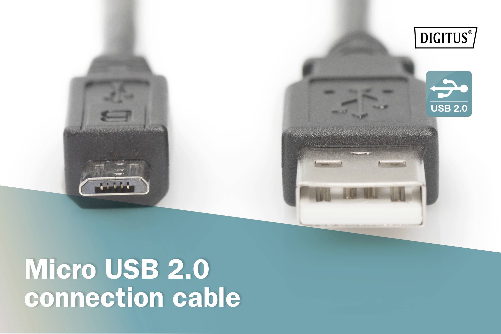 Kabel do połączenia Micro USB 2.0, zbliżenie wtyczki i gniazda. Tekst: 'Kabel połączeniowy Micro USB 2.0'