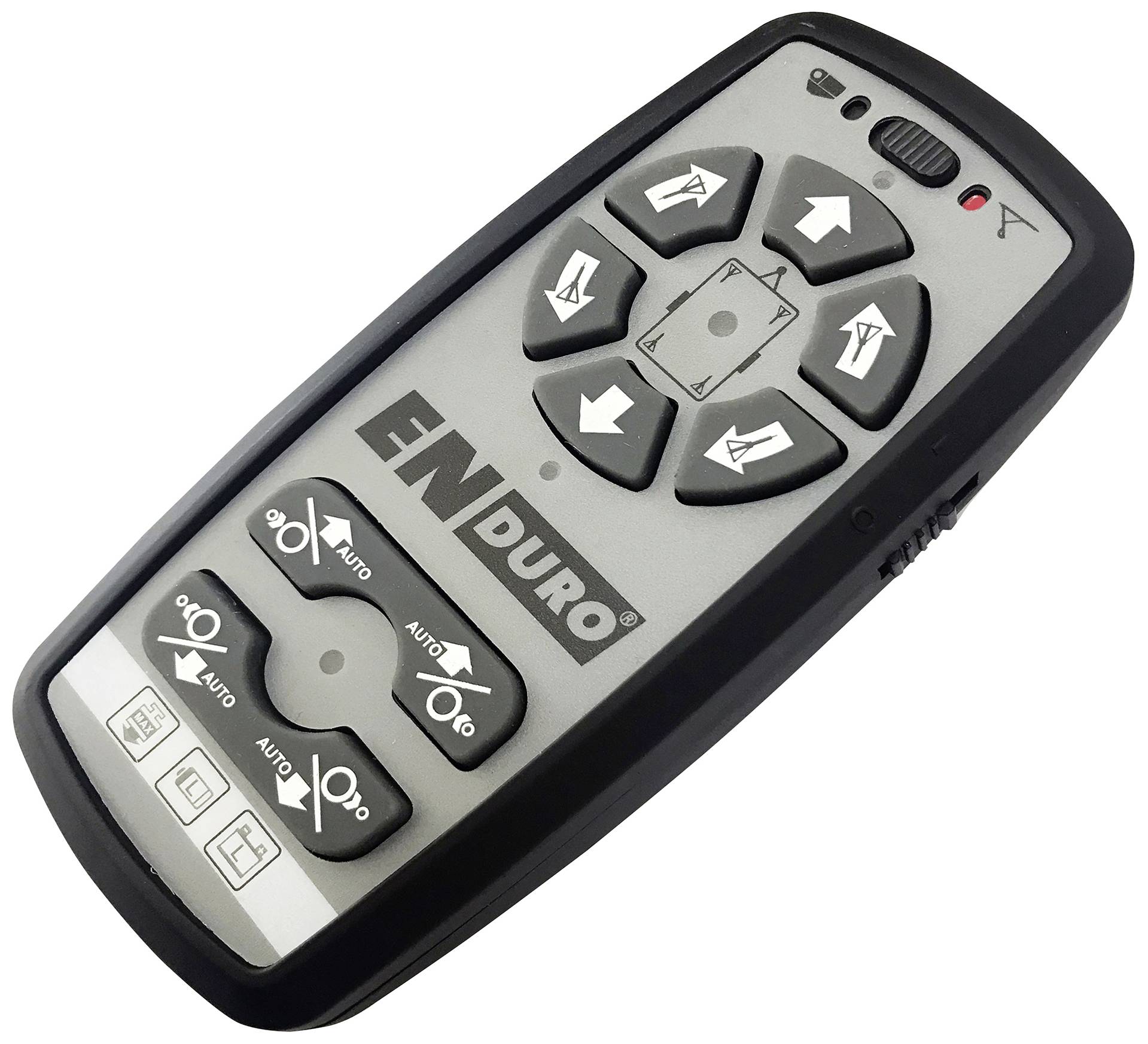 Czarno-szary pilot zdalnego sterowania z przyciskami strzałek do nawigacji i innymi klawiszami funkcyjnymi. Oznaczony napisem 'ENDURO'.