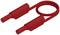 Czerwony przewód elektryczny z wtyczkami na obu końcach, jedna strona uformowana w pętlę. Odpowiedni do połączeń niskonapięciowych.