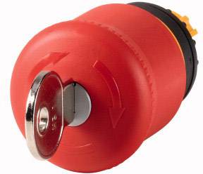 Czerwony wyłącznik awaryjny z zintegrowanym zamkiem kluczowym. Przełącznik można aktywować przez obrót. Klucz służy do blokowania.