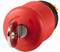Czerwony wyłącznik awaryjny z zintegrowanym zamkiem kluczowym. Przełącznik można aktywować przez obrót. Klucz służy do blokowania.