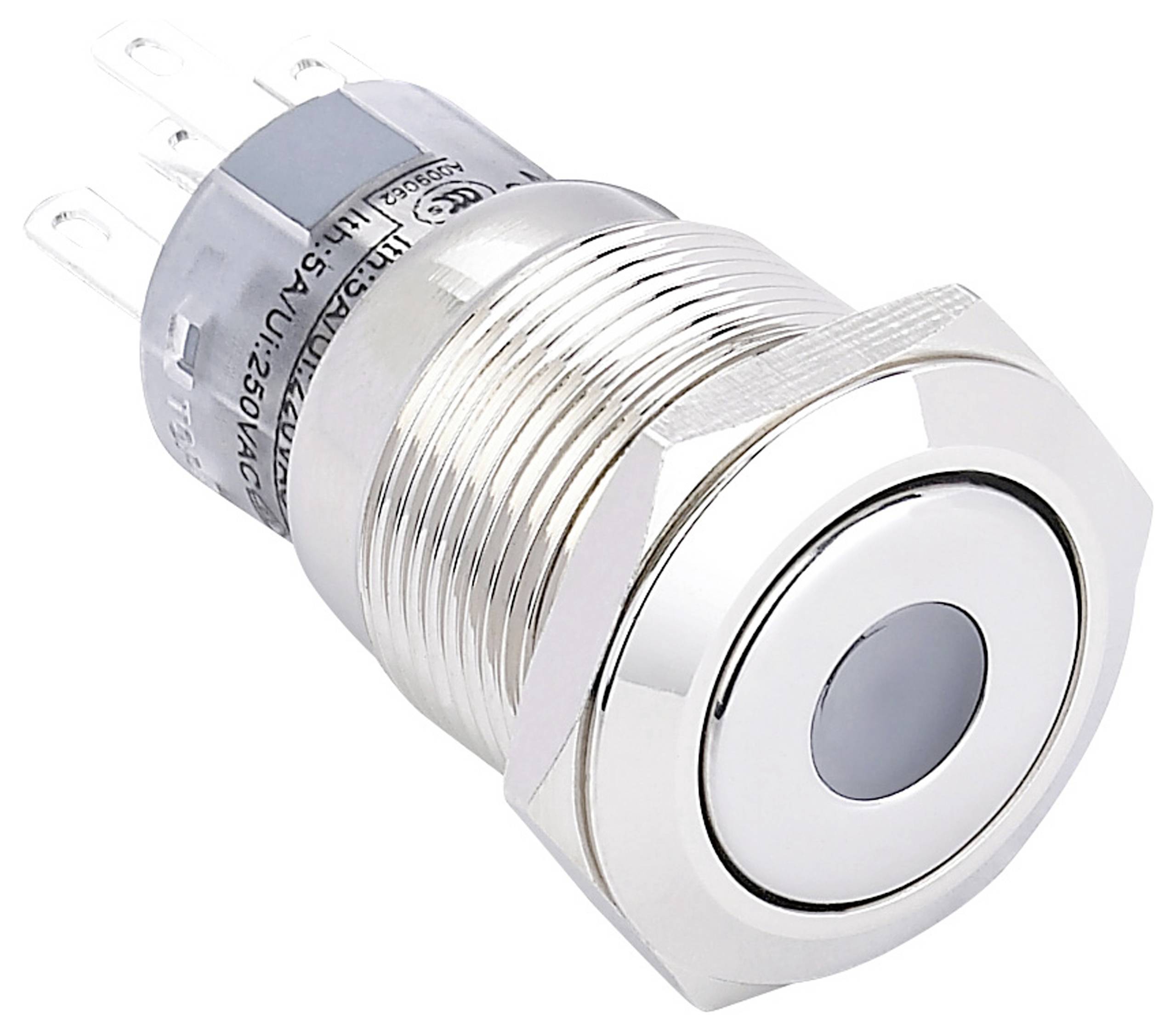 Srebrny metalowy przycisk wciskany z obudową przykręcaną śrubami i wieloma złączami, prawdopodobnie przeznaczony do użytku w obwodach elektronicznych.