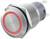 Metalowy przełącznik z czerwonym pierścieniem LED, o kształcie cylindrycznym, odpowiedni do urządzeń mechanicznych lub sterowań elektronicznych.