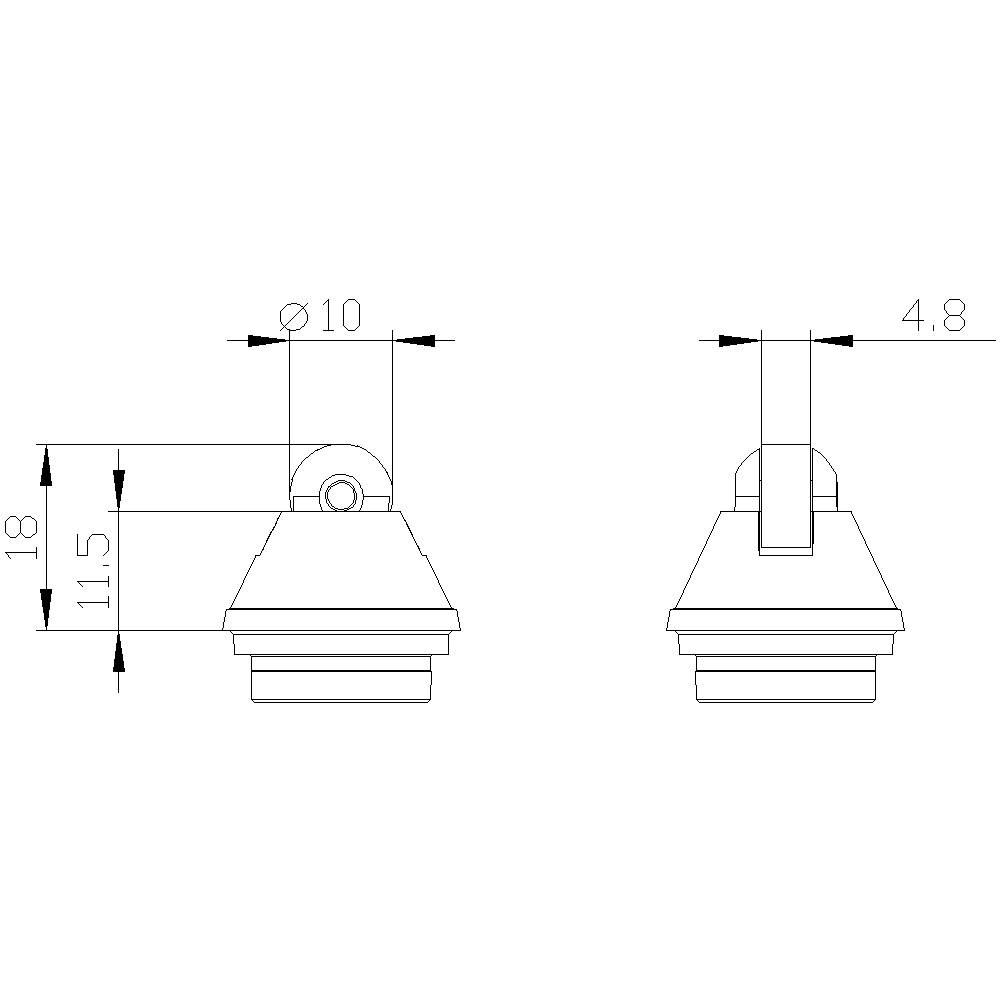 Rysunek techniczny elementu z wymiarami: 18 mm wysokości, 11,5 mm szerokości, 10 mm średnicy otworu, 4,8 mm szerokości górnej części.