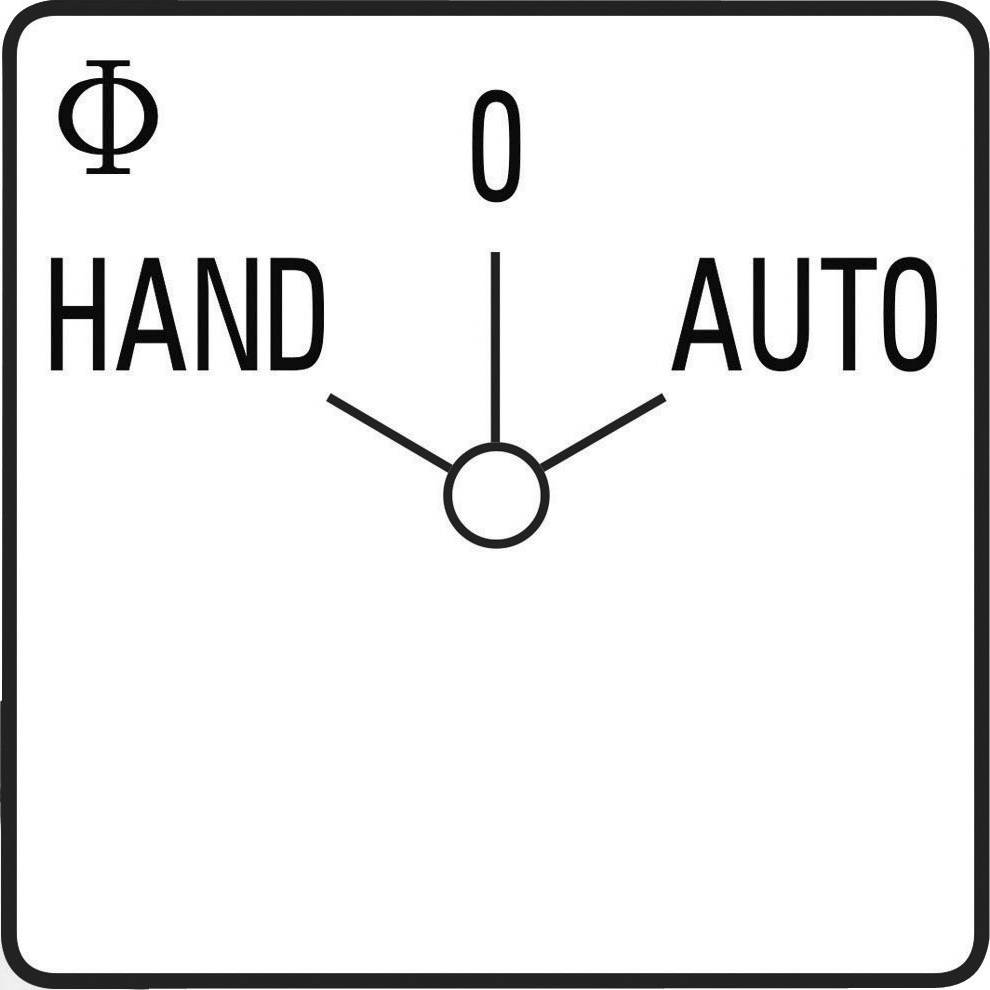 Schemat elektryczny przełącznika trzypozycyjnego: 'RĘCZNY', pozycja '0', 'AUTOMATYCZNY'. Po lewej stronie symbol średnicy, strzałki wskazujące pozycje.