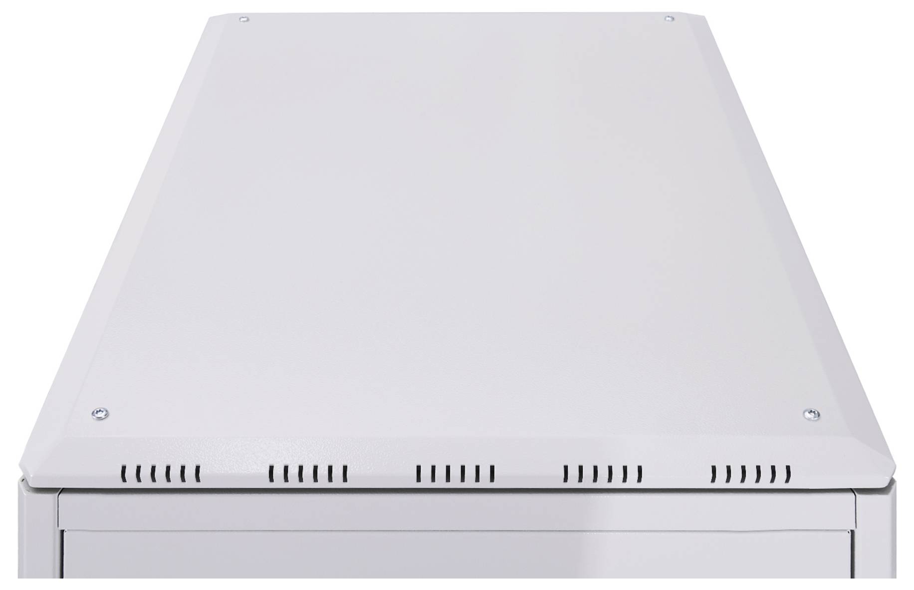 Biała, prostokątna powierzchnia z małymi otworami wentylacyjnymi przy krawędziach i śrubami w narożnikach.