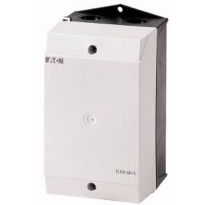 Białe elektryczne obudowa z napisem 'EATON' w lewym górnym rogu. Odpowiednia do instalacji technicznych w systemach elektrycznych.