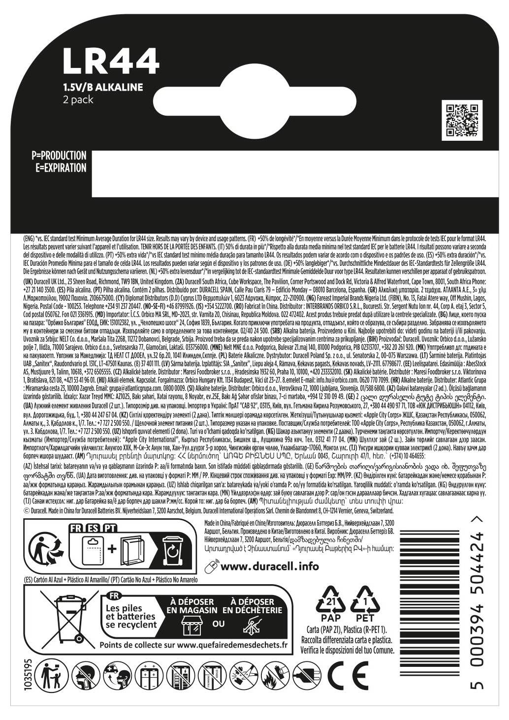 Opakowanie akumulatora alkalicznego Duracell LR44 1,5V, zestaw 2 szt., z instrukcjami użytkowania, informacjami o bezpieczeństwie i symbolami recyklingu.