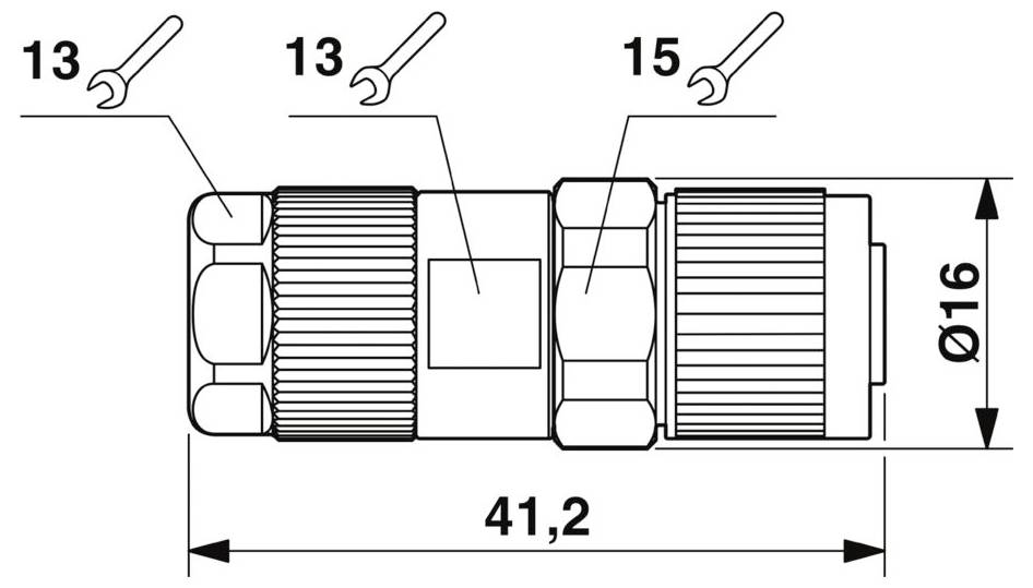 Rysunek techniczny cylindrycznego złącza mechanicznego o średnicy 16 mm i długości 41,2 mm, oznaczony rozmiarami kluczy 13 i 15.
