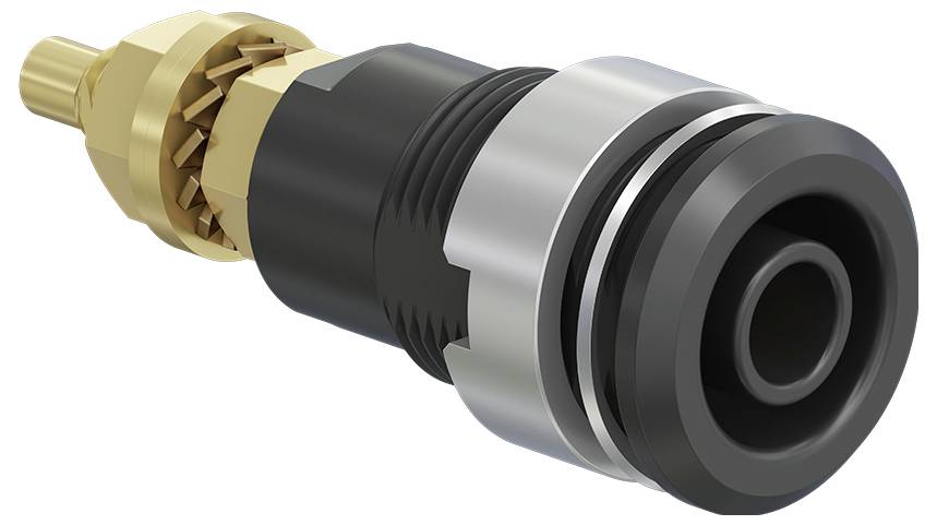 'Metalowy łącznik z gwintem i rowkami do podłączenia węża, z akcentami w kolorze złotym i srebrnym, izolowany na białym tle.'