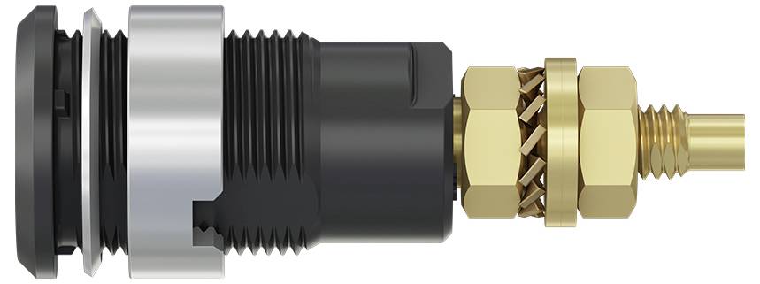 Czarno-złoty metalowo-plastikowy złącznik kablowy ułożony poziomo, wyposażony w wielokrotne gwinty śrubowe oraz uszczelnienia.