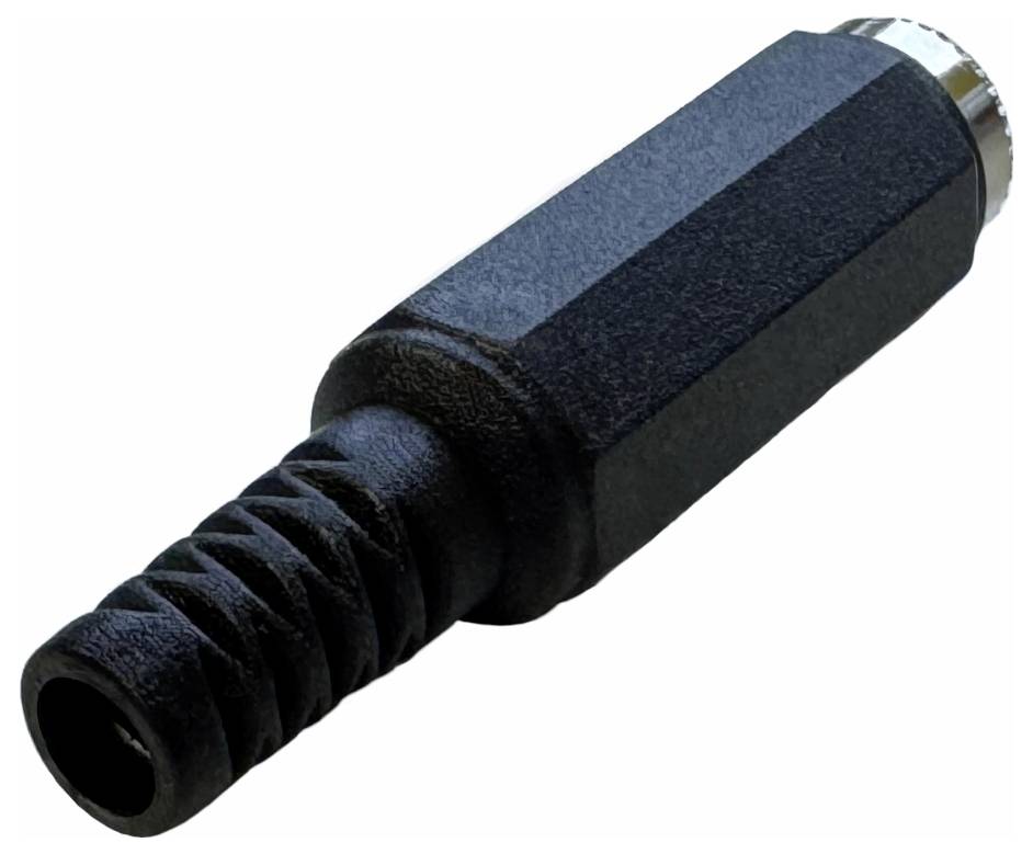 Czarny, cylindryczny adapter z żebrowanym uchwytem i srebrnym złączem wskazuje, że jest to elektroniczny wtyk połączeniowy.