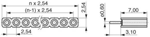 Diagram techniczny złącza z wymiarami: wielokrotne okrągłe otwory w odstępach 2,54 mm, wysokość 3,10 mm, szerokość 7,00 mm.
