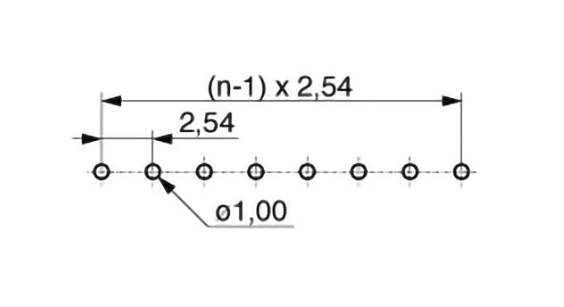 Diagram pokazujący liniowy wzór koła o średnicy 1,00. Przestrzeń między kołami wynosi 2,54 jednostek, a całkowita długość to '(n-1) x 2,54'.