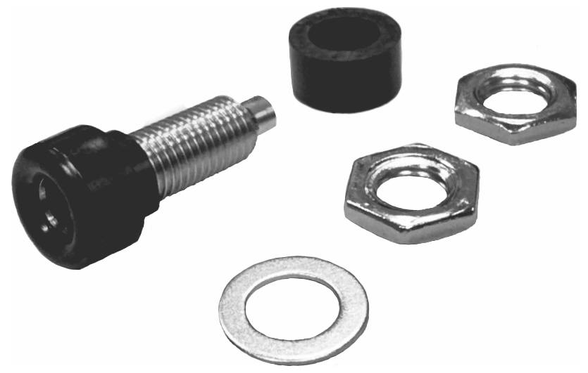 Zestaw śrubowy składający się ze śruby, dwóch nakrętek, podkładki i cylindrycznego dystansu.