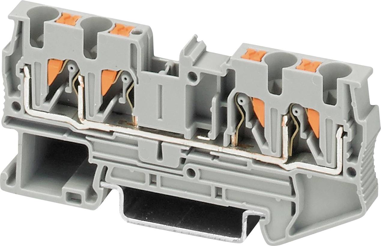 Szaro-pomarańczowy blok zaciskowy do instalacji elektrycznych. Odpowiedni do podłączania przewodów o różnych średnicach.