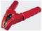 Zbliżenie czerwonego izolowanego zęzuliaka elektrycznego, zwykle używanego do połączeń elektrycznych, pokazujące jego metalowe zęby i plastikowy uchwyt.