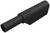 Czarny cylindryczny wtyk o rowkowanej powierzchni. Posiada okrągły otwór na jednym końcu oraz płaskie zakończenie z oznaczeniami.