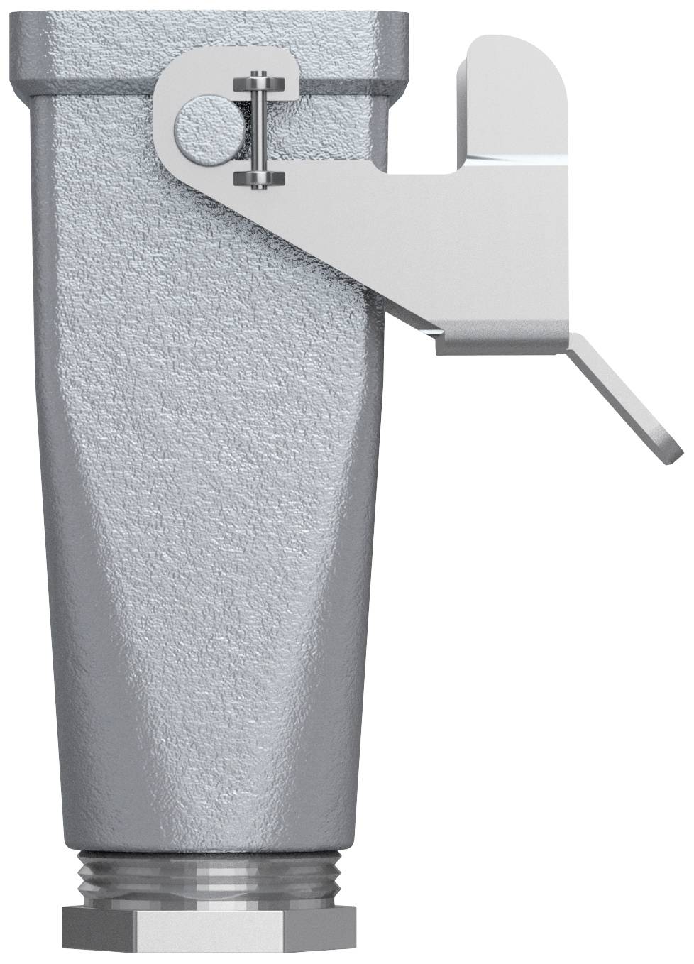 Srebrna, cylindryczna metalowa część z dźwignią, prawdopodobnie zawór lub armatura bez widocznych oznaczeń lub wskazówek.