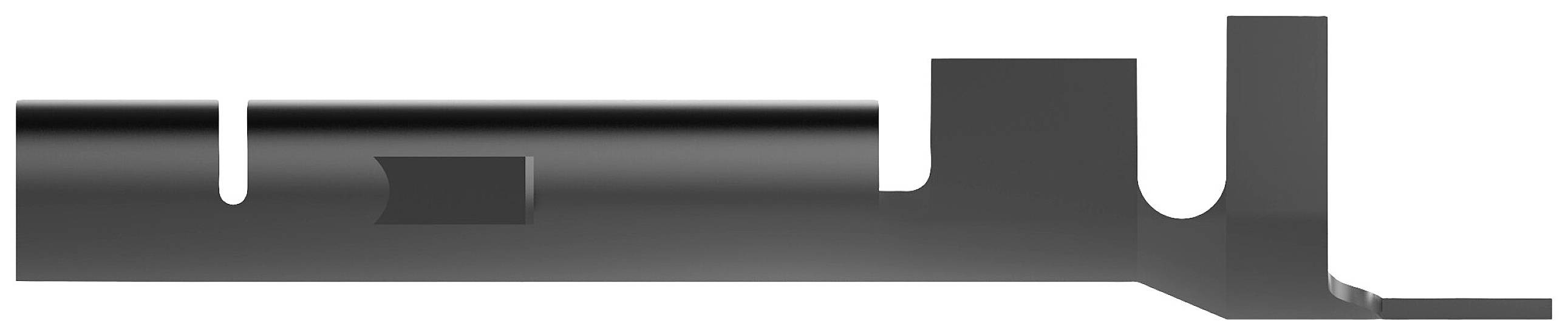 Czarna metalowa część konstrukcyjna w kształcie litery L, z prostokątnymi wycięciami, sfotografowana na białym tle.