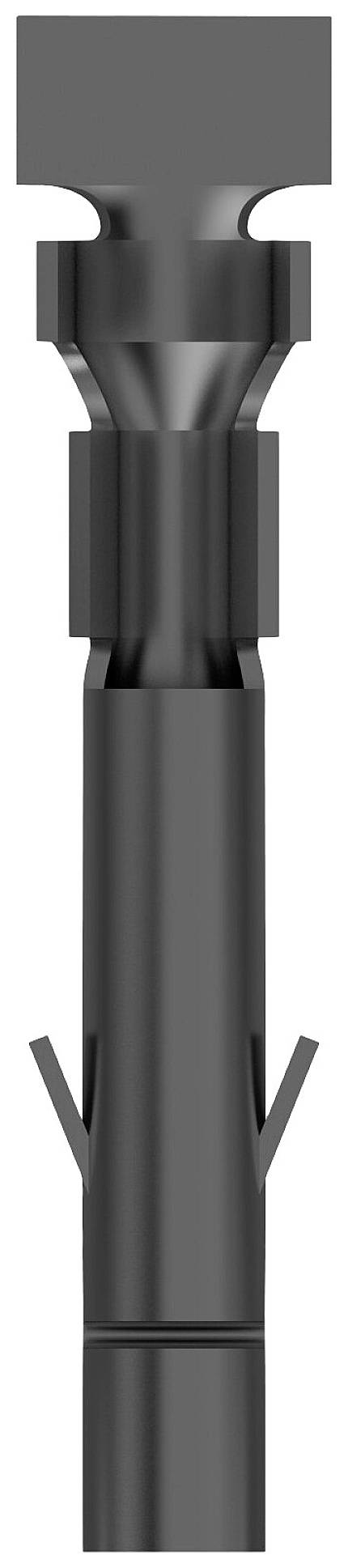 Techniczny rysunek metalowego sworznia lub bolca z dwoma bocznymi skrzydełkami do zatrzaskiwania, prawdopodobnie elementu mocującego.