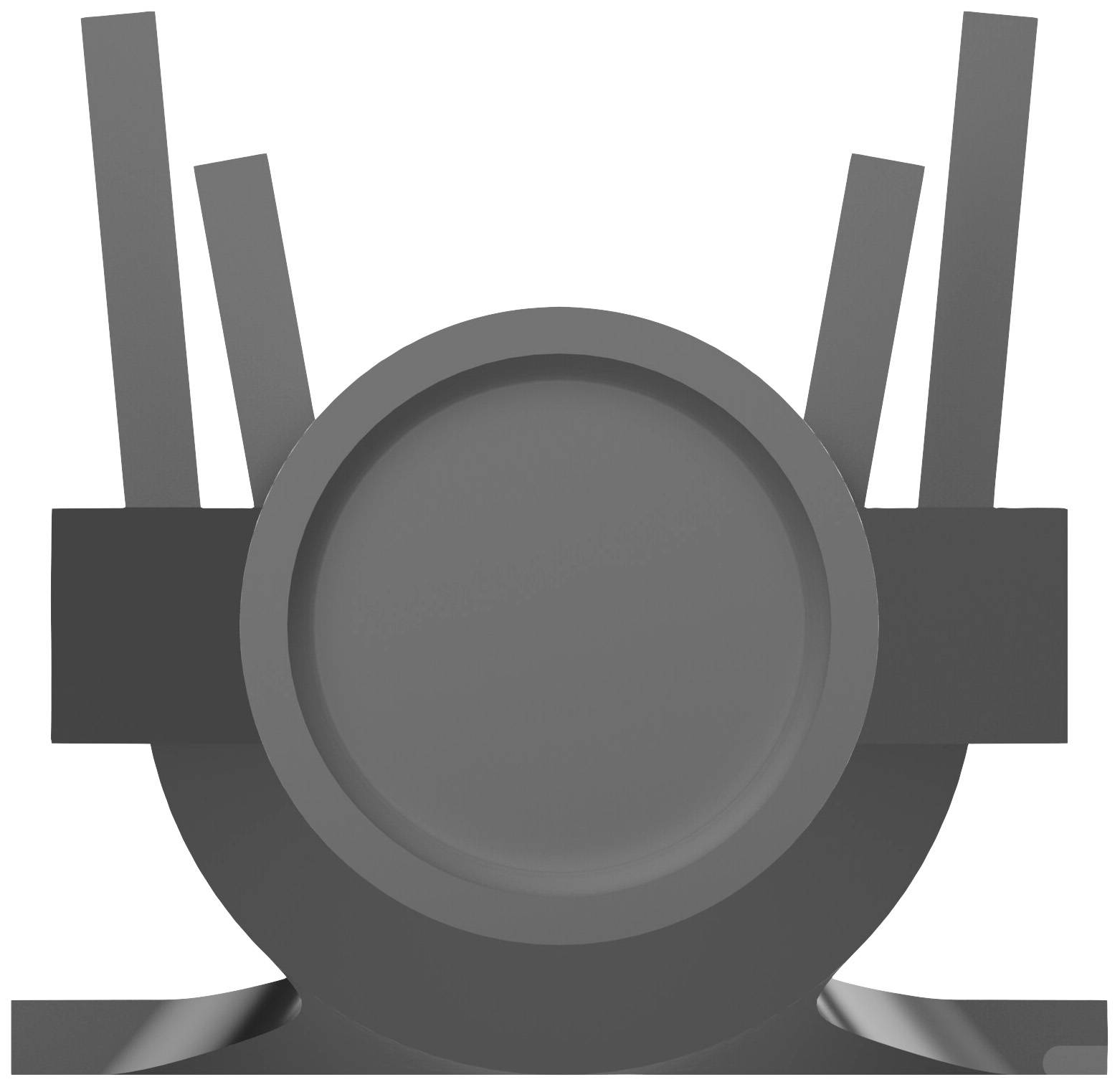 Szary, abstrakcyjny obiekt 3D o zaokrąglonych i prostych kształtach, przypominający stylizowany hełm lub element maszyny.