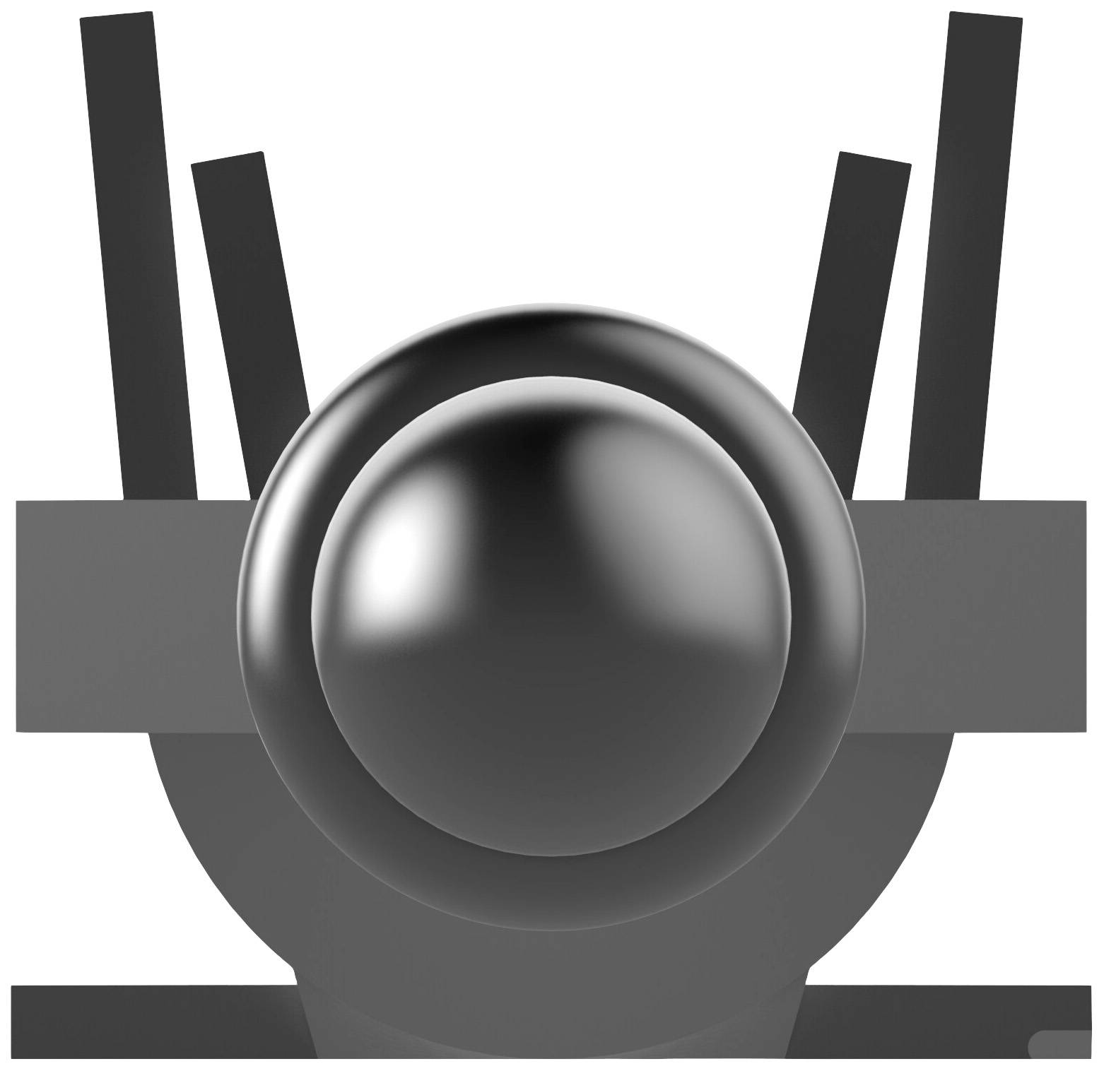 Błyszczący, czarny piłka spoczywa w skomplikowanej ramie mechanicznej. Na tle widoczne są cztery czarne podpórki.