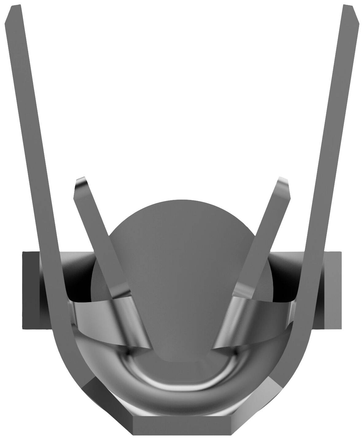 Szary, abstrakcyjny obiekt trójwymiarowy o symetrycznych, zakrzywionych elementach i centralnej, okrągłej formie, przypominający technologię.