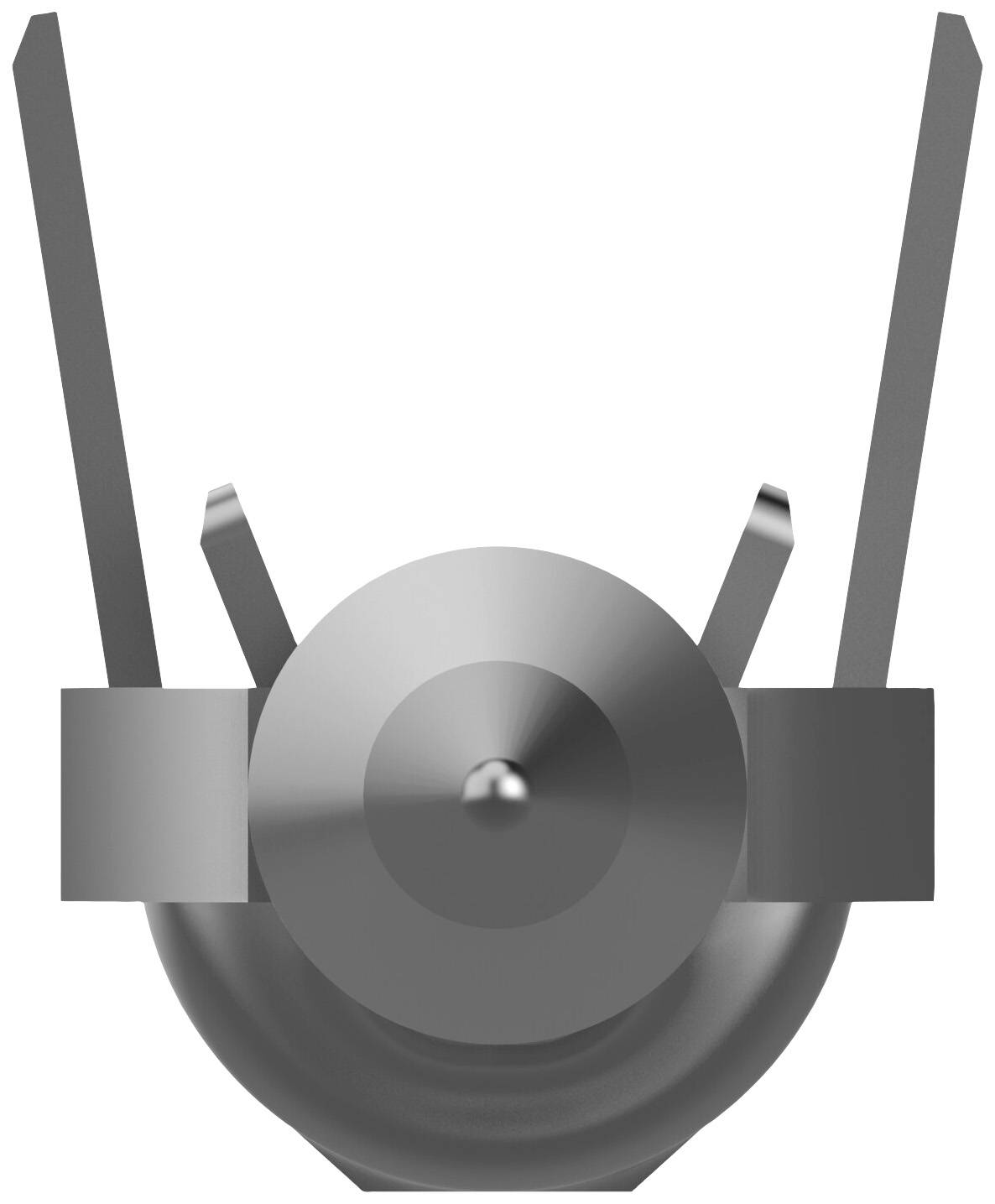 Metalowy element urządzenia z dwoma dźwigniami skierowanymi ku górze, centralną, okrągłą strukturą i błyszczącą powierzchnią.