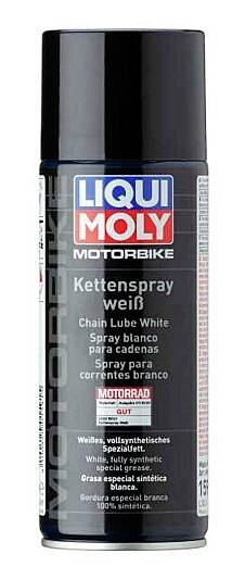 Czarna puszka ze sprayem z napisem 'Liqui Moly Motorbike Kettenspray biały'. Specjalnie przeznaczony do łańcuchów motocyklowych, syntetyczny.