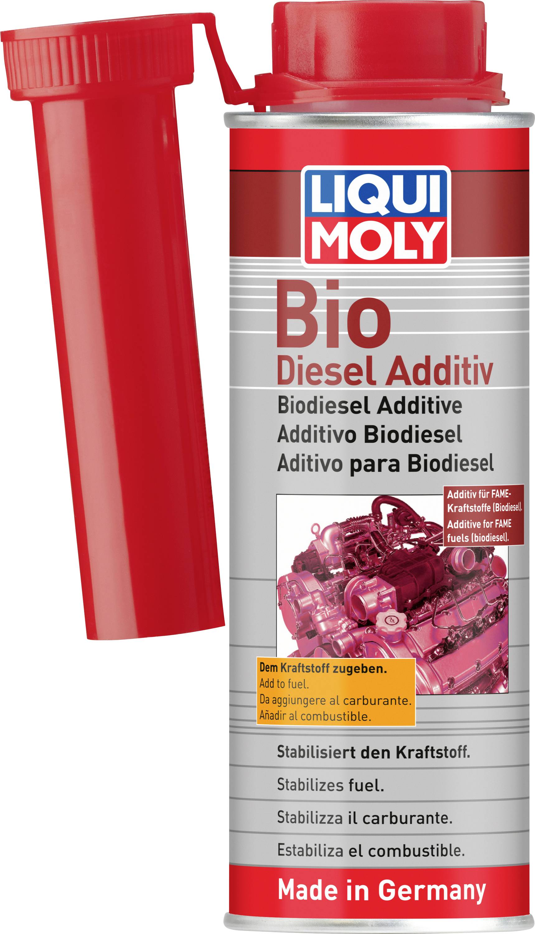 Butelka dodatku Liqui Moly Bio Diesel Additiv z czerwoną zapaską i dołączoną lejkiem, oznaczona jako dodatek do paliwa biodiesla, wykonana w Niemczech.