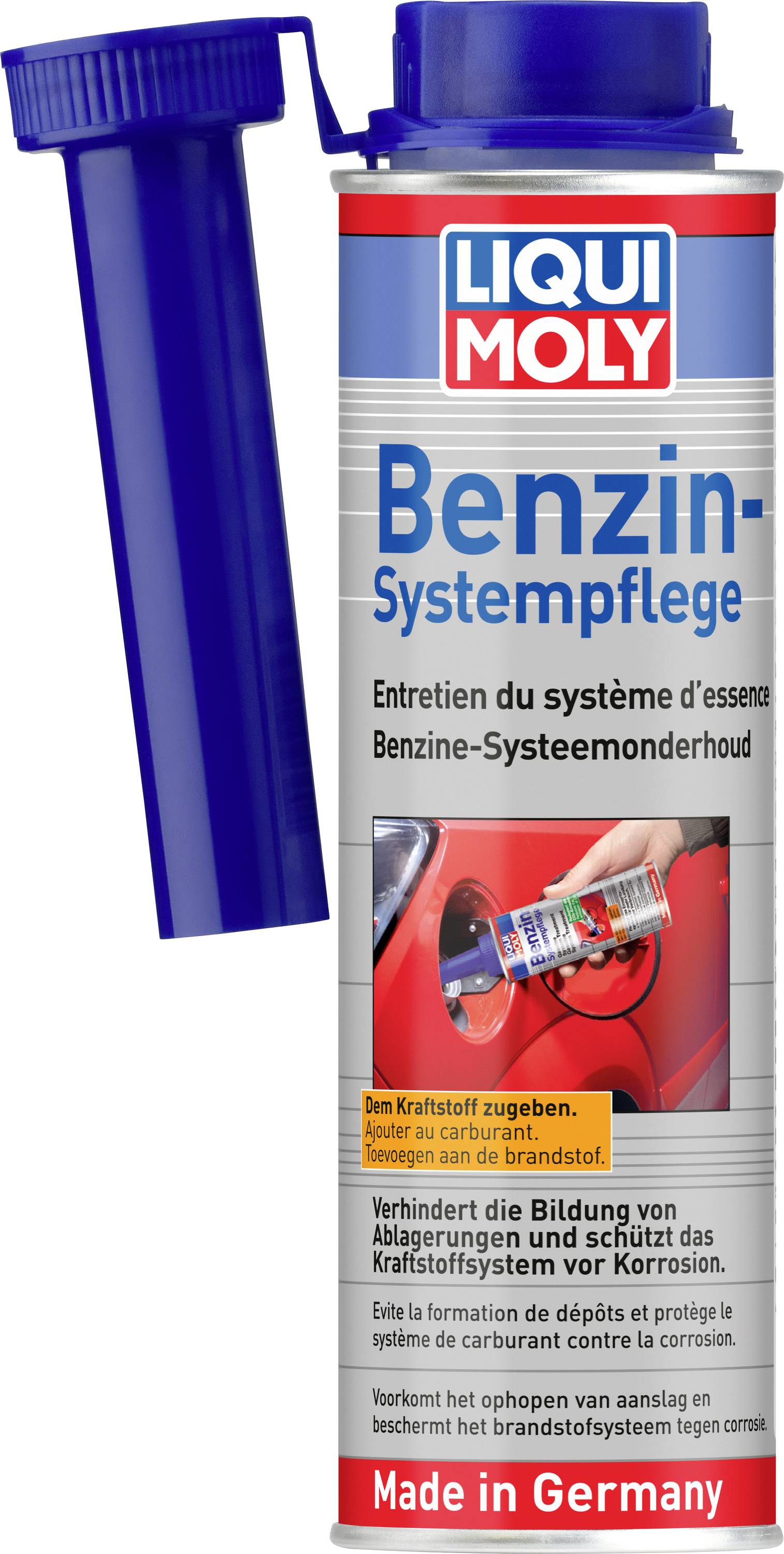 Liqui Moly Benzin-Systempflege - butelka czyszczacza systemu paliwowego z niebieską nakrętką aplikatora, oznaczona w języku niemieckim, francuskim i holenderskim; Made in Germany.