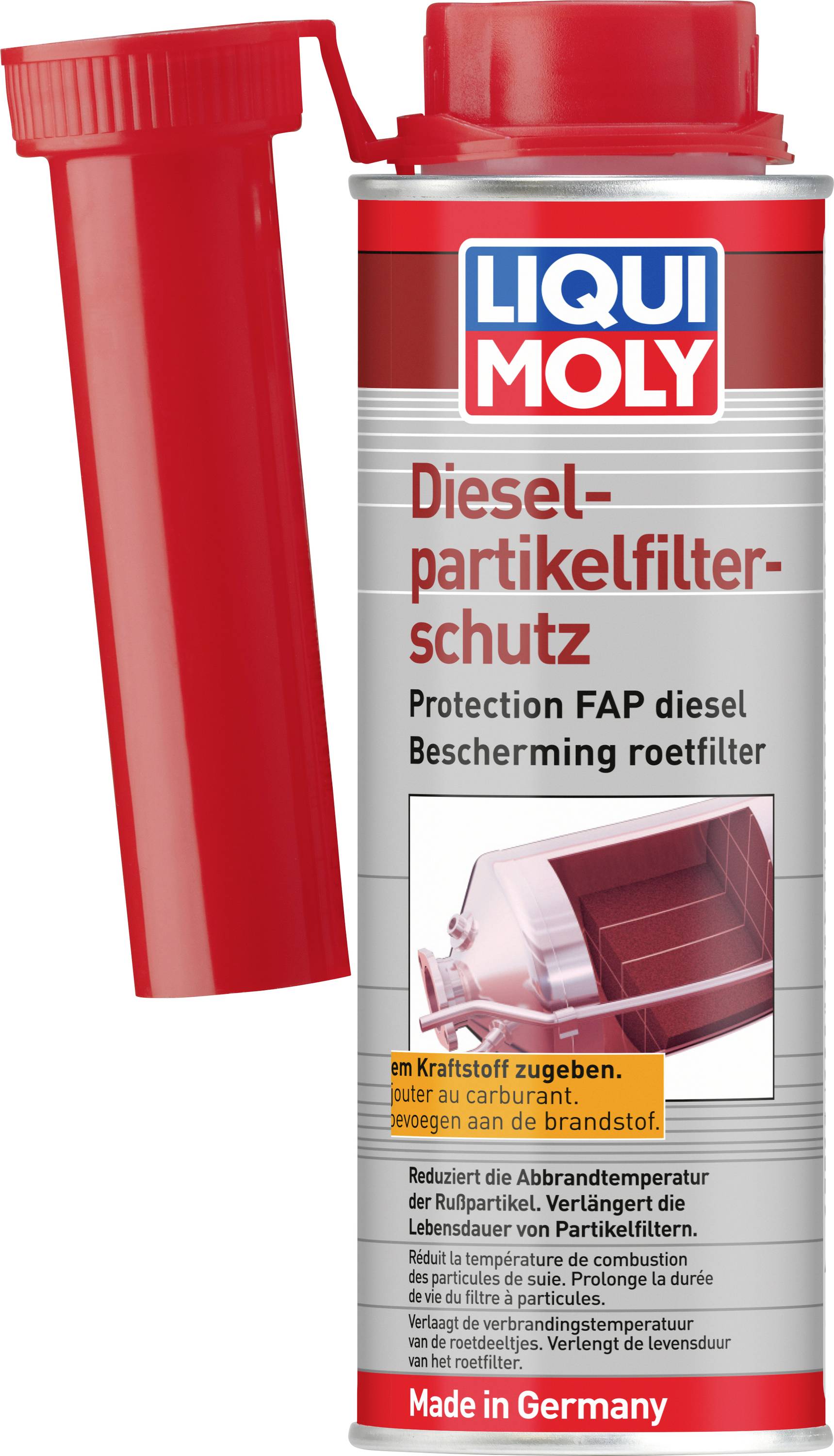 Pojemnik dodatku ochronnego filtra cząstek stałych Liqui Moly do oleju napędowego z czerwoną zapalą i dołączoną czerwoną wylewką.