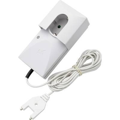 Biały adapter wtyczki elektrycznej lub moduł zasilania z podłączonym splecionym przewodem i europejską wtyczką dwukońcówkową, pokazany na zwykłym białym tle.
