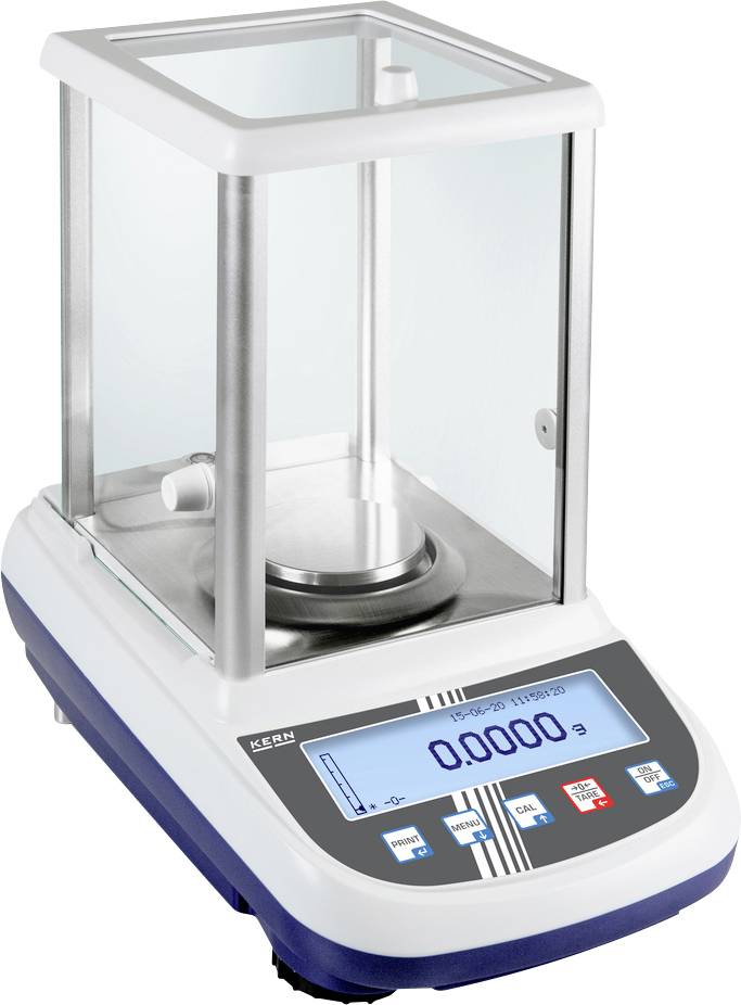 Cyfrowa waga precyzyjna z przezroczystą pokrywą szklną i niebieskim wyświetlaczem pokazującym '0,0000'. Sterowanie odbywa się za pomocą przycisków i symboli.