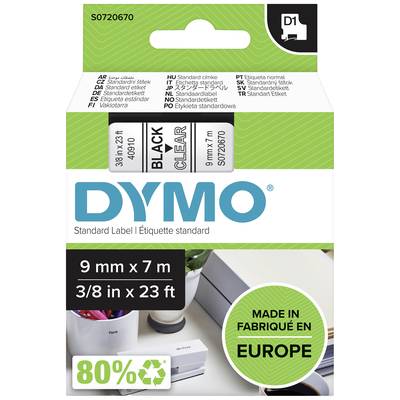 Karton etykiet 'DYMO Standard Label', zawierający czarny tekst na przezroczystym tle, 9 mm x 7 m, wyprodukowany w Europie.