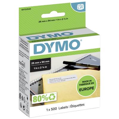 Opakowanie rolki etykiet DYMO z 500 etykietami, 25 mm x 54 mm. Etykieta na kopercie. „Wyprodukowane w Europie". 80% z materiałów z recyklingu.