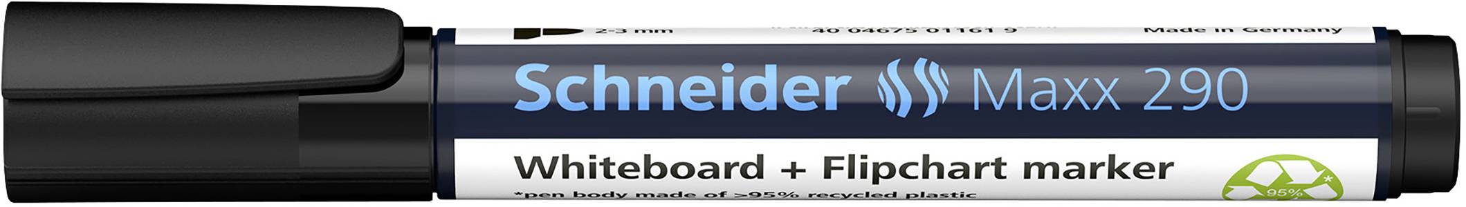 Czarny marker do białej tablicy i flipcharta marki Schneider Maxx 290, z obudową nadającą się do recyklingu.