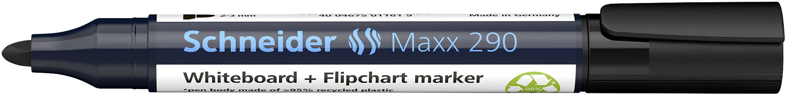 Czarny marker Schwarzer 'Schneider Maxx 290' do tablic suchościeralnych i flipchartów z zaokrągloną końcówką, z uśmiechniętym symbolem recyklingu na etykiecie.