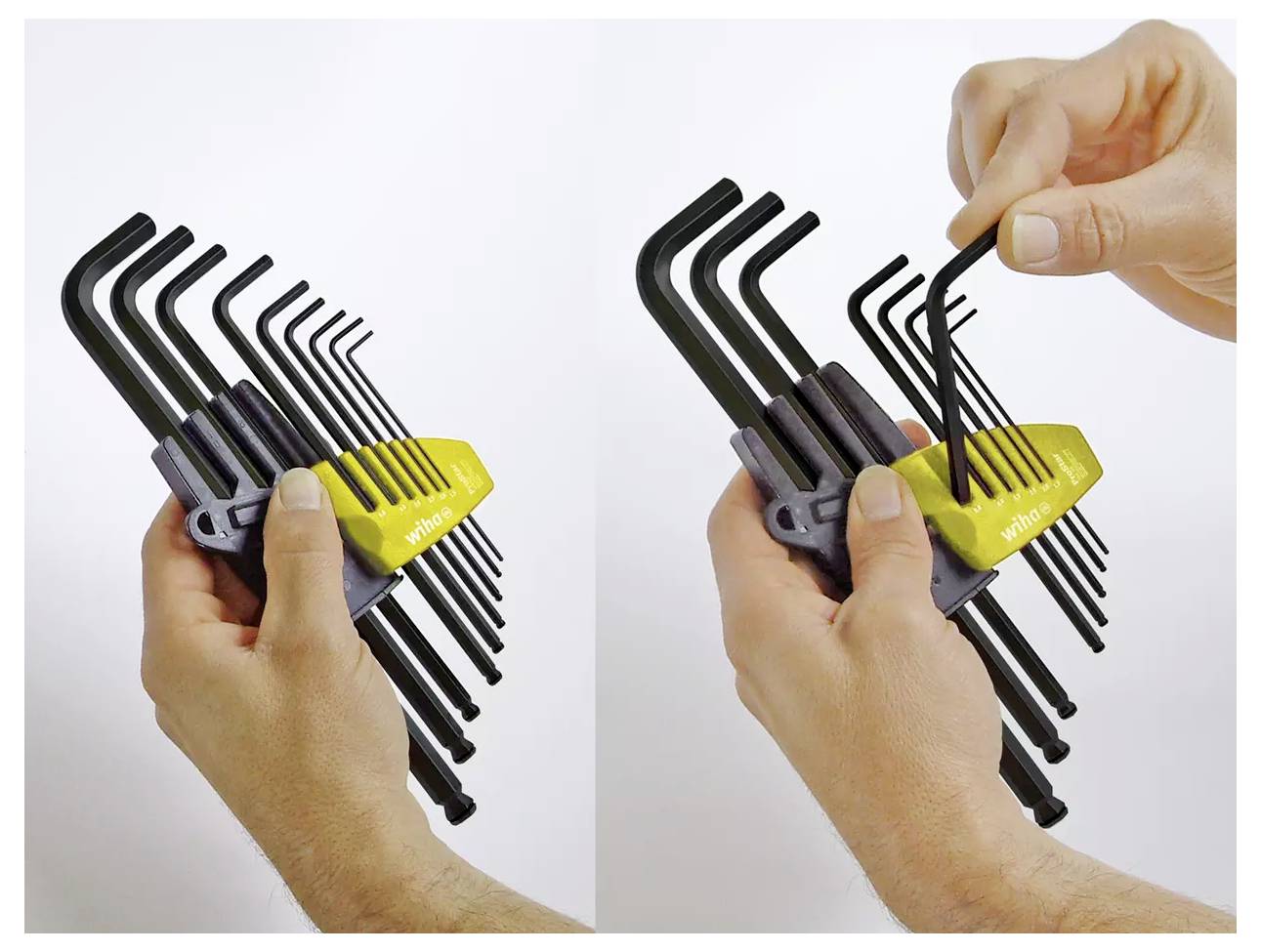 Ręce trzymające zestaw czarnych kluczy sześciokątnych w żółtym uchwycie, z jednym kluczem wyjmowanym.