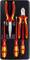 Zestaw izolowanych narzędzi: szczypce i wkrętaki z czerwonymi i żółtymi uchwytami w czarnym pudełku z tworzywa sztucznego.