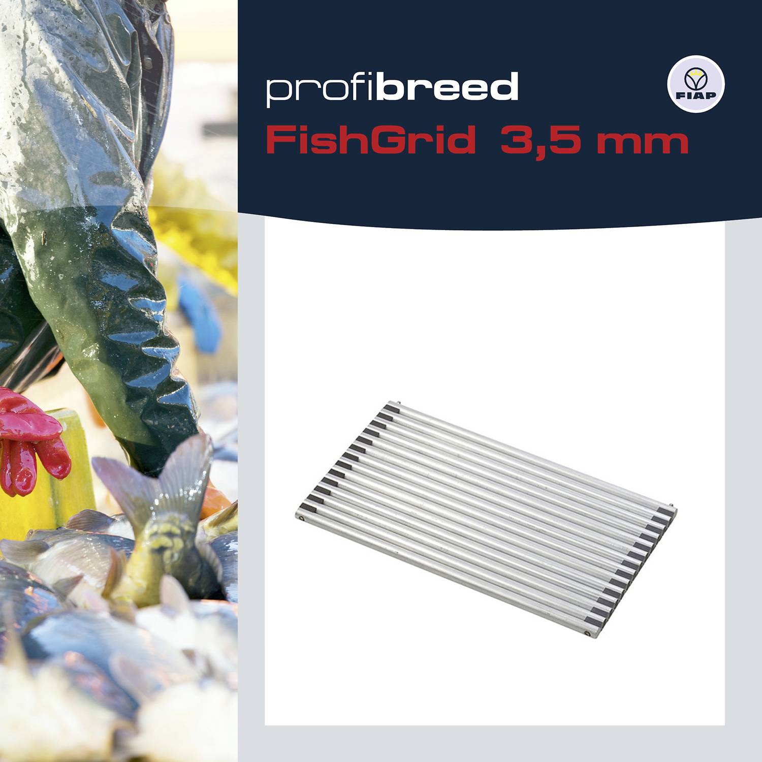 'Profibreed FishGrid, 3,5 mm' przedstawia metalową kratę do hodowli ryb. Po lewej stronie widać ramiona pracownika trzymającego sieć z rybami.