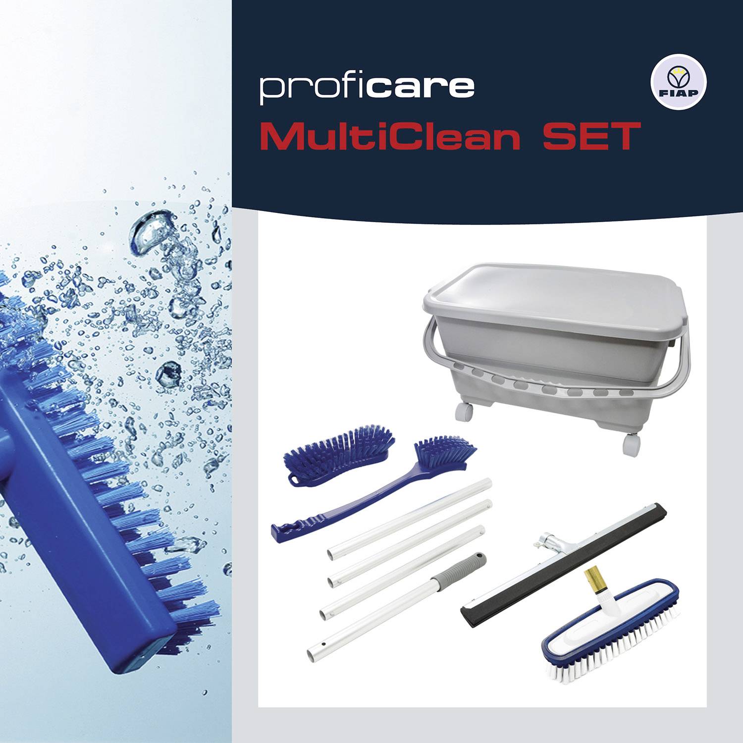'proficare MultiClean SET firmy FIAP: Zawiera szczotki, uchwyty, ściągaczki do wody i wiadro. Idealny do kompleksowych prac czyszczących.'